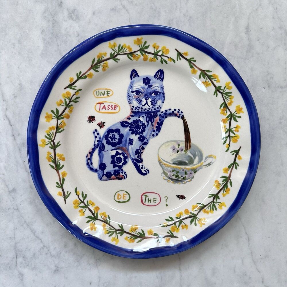 Nathalie Lete Cat Teapot 10" Dinner Plate Antholopologie - Une Tasse De The ?